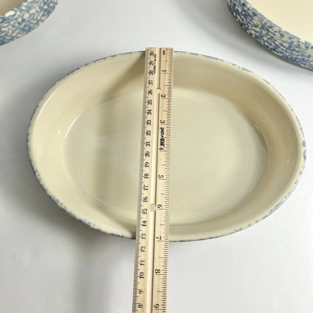 Workshops of Gerald Henn Blue Spongeware. Oval Baker set 7 1/2, 9 1/2